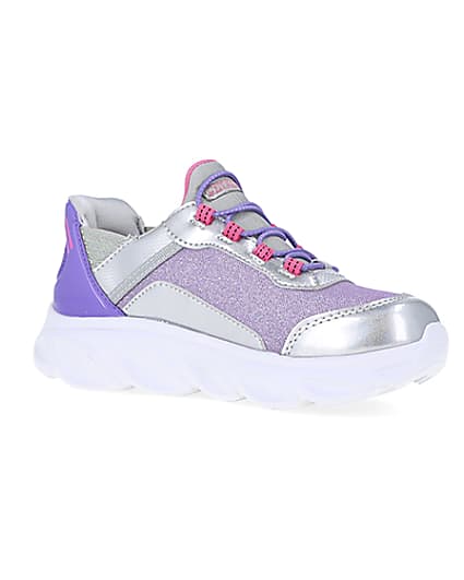 360 degree animation of product Girls Purple Skechers Flexible Heel Trainers frame-17