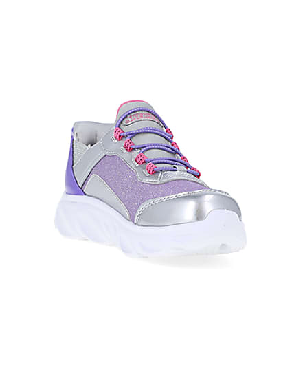 360 degree animation of product Girls Purple Skechers Flexible Heel Trainers frame-19