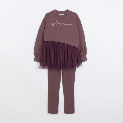 Girls Purple Slogan Tulle Sweatshirt Set