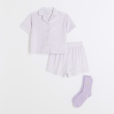 Girls Purple Stripe Foil Velour Pyjama set River Island