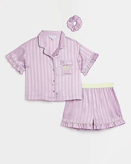 Girls purple stripe satin pyjama set