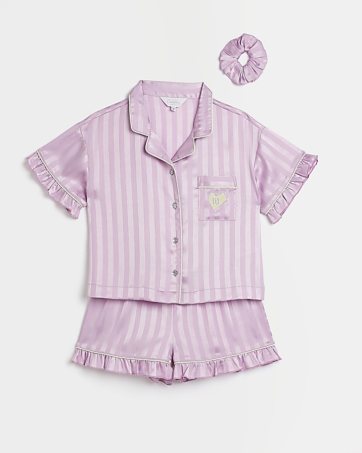 Girls purple stripe satin pyjama set