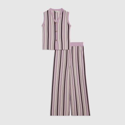 Girls Purple Striped Knitted Waistcoat Set
