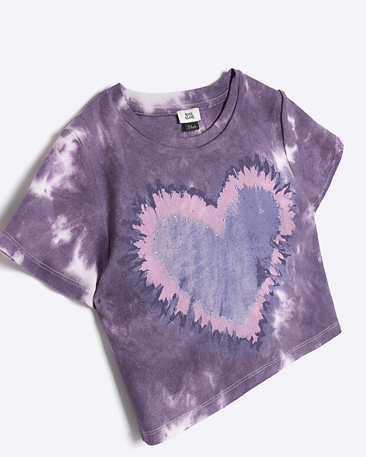 Girls purple tie dye heart crop t-shirt