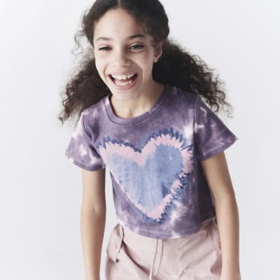 Girls purple tie dye heart crop t-shirt