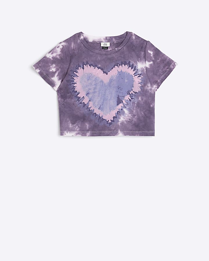 Girls purple tie dye heart crop t-shirt