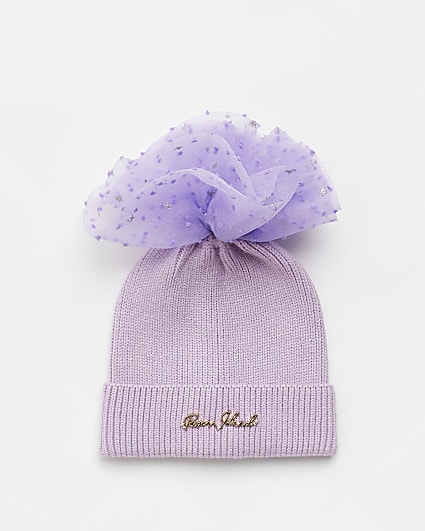 Girls Purple Tulle Pom Pom Beanie Hat