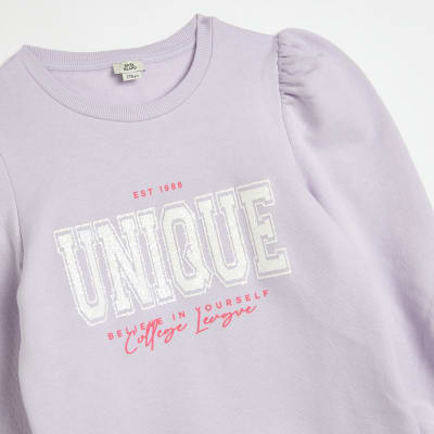 Girls purple 'Unique' puff sleeve sweatshirt