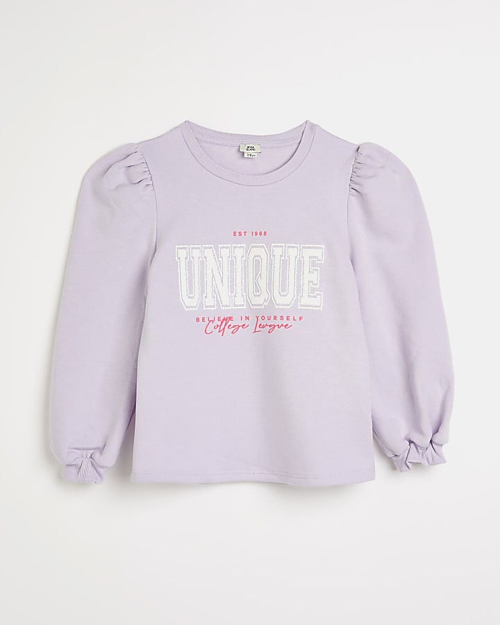 Girls purple 'Unique' puff sleeve sweatshirt