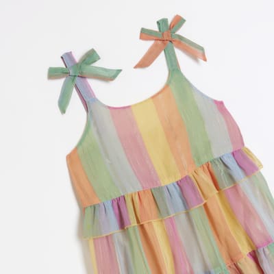 Girls rainbow stripe sheer tiered beach dress | River Island