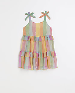 Girls rainbow stripe sheer tiered beach dress