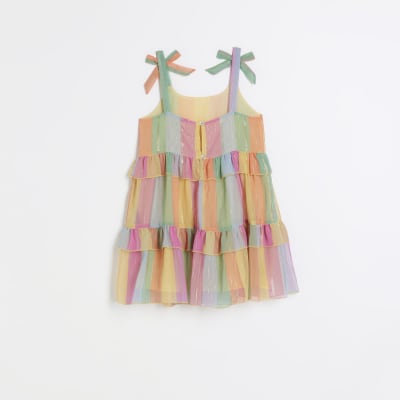 Girls rainbow stripe sheer tiered beach dress | River Island