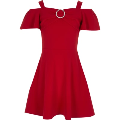 river island red bardot dress