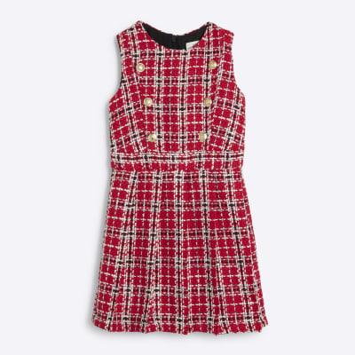 Girls Red Boucle Military Pinny Dress River Island