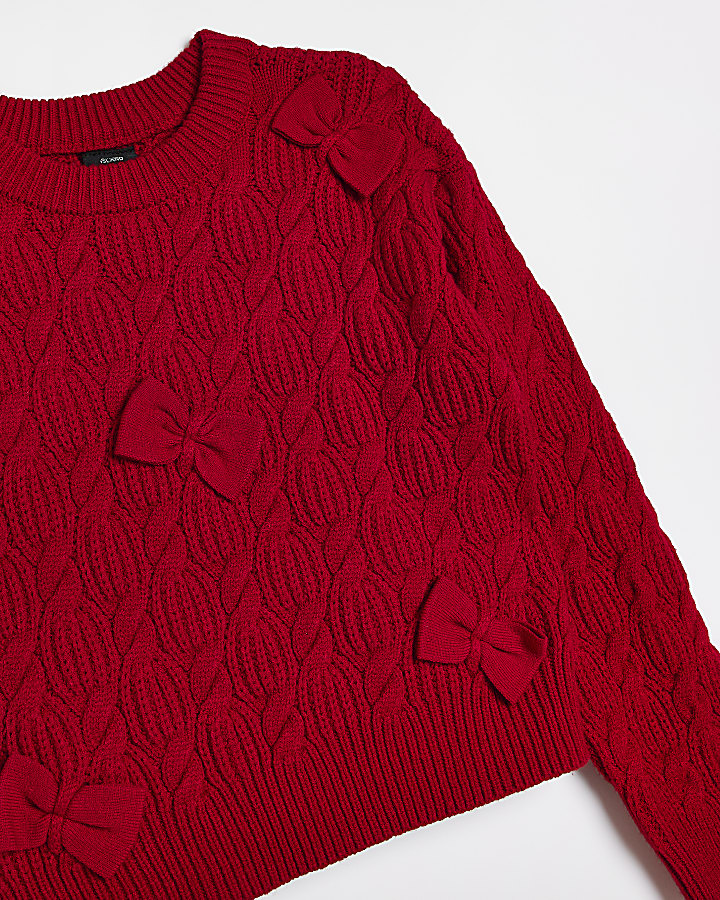Girls Red Cable Knit Bow Jumper