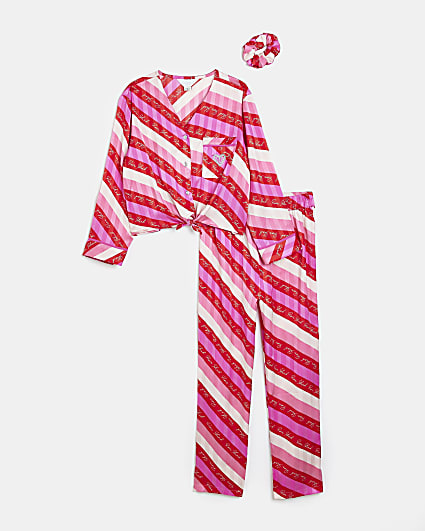 Girls Red Candy Stripe Satin Pyjama Set