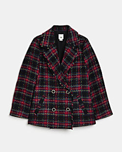 Girls Red Check Button Front Coat