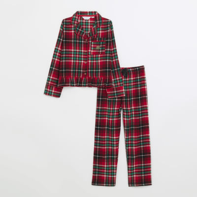 Girls red check frill pyjama set