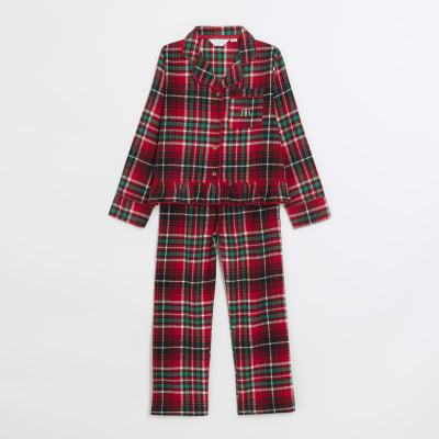 Girls red check frill pyjama set