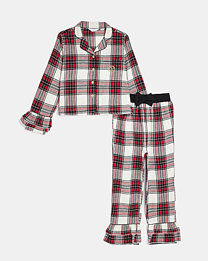 Girls Red Check Long Sleeve Ruffle Pyjamas