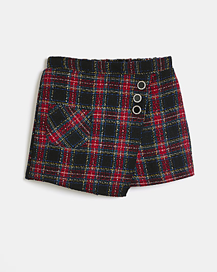 Girls Red Check Wrap Boucle Skort