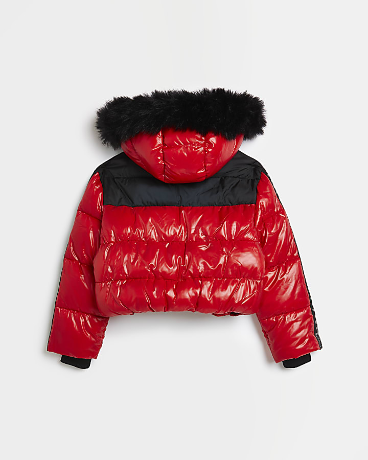 Girls red colour block hooded puffer jacket