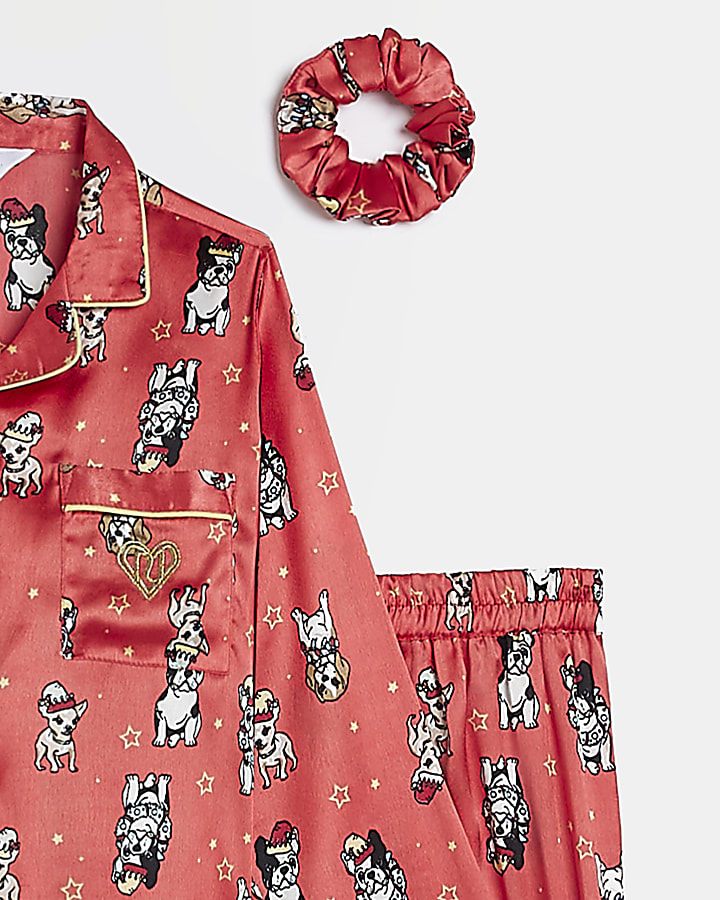 Girls Red Dog Print Satin Pyjama set