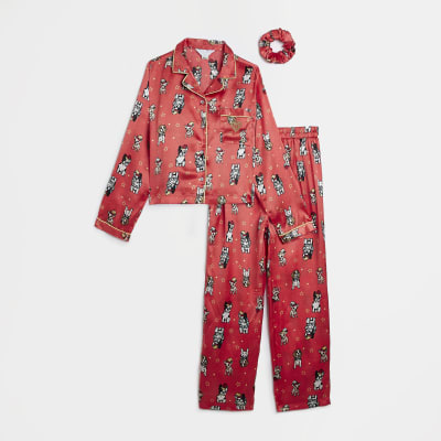 Girls Red Dog Print Satin Pyjama set