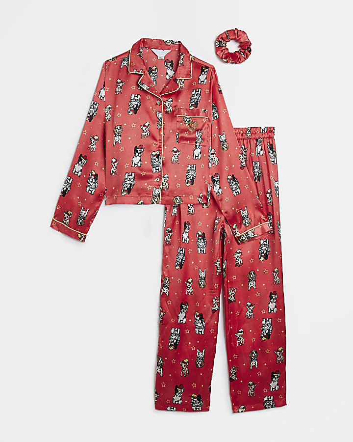 Girls Red Dog Print Satin Pyjama set