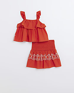 Girls red embroidered broderie skirt outfit