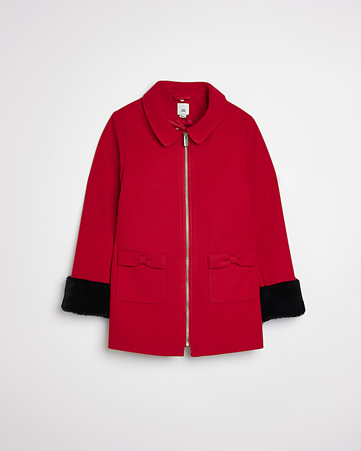 Girls Red Faux Fur Lined Woolen Coat