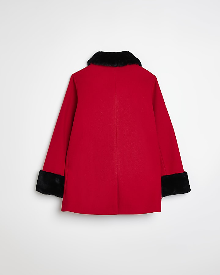 Girls Red Faux Fur Lined Woolen Coat