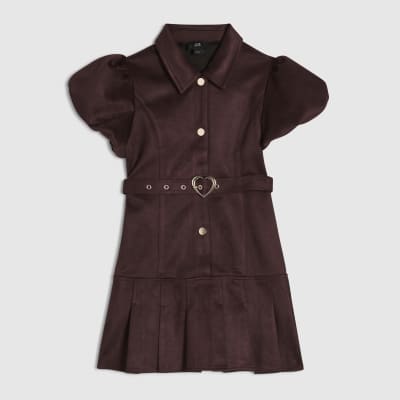 Girls Red Faux Suede Belted Shirt Dress