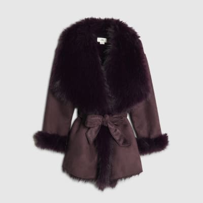 Girls Red Faux Suede Faux Fur Belted Coat