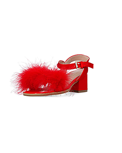 360 degree animation of product Girls Red Feather Trim Heeled Sandals frame-0