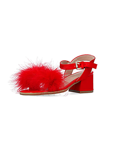 360 degree animation of product Girls Red Feather Trim Heeled Sandals frame-1