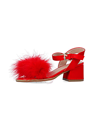 360 degree animation of product Girls Red Feather Trim Heeled Sandals frame-2