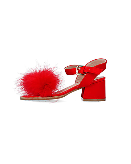 360 degree animation of product Girls Red Feather Trim Heeled Sandals frame-3