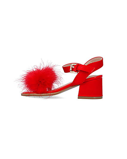 360 degree animation of product Girls Red Feather Trim Heeled Sandals frame-4
