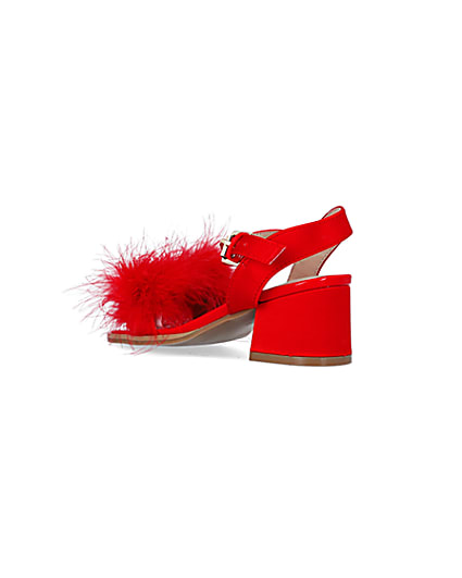 360 degree animation of product Girls Red Feather Trim Heeled Sandals frame-6