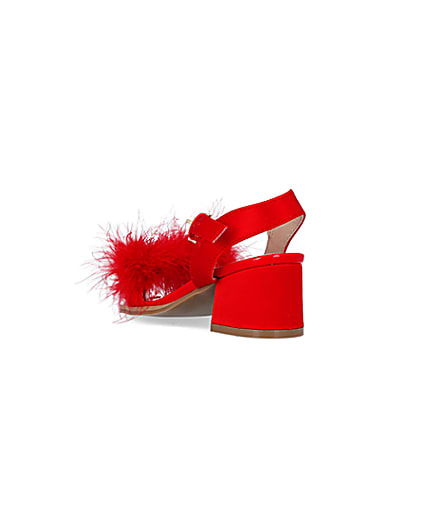 360 degree animation of product Girls Red Feather Trim Heeled Sandals frame-7