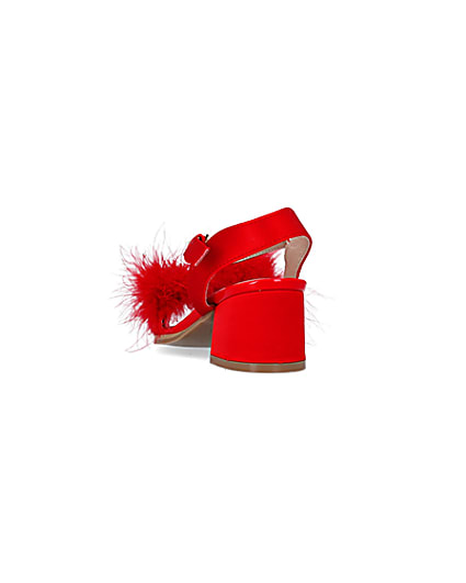 360 degree animation of product Girls Red Feather Trim Heeled Sandals frame-8