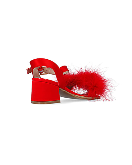 360 degree animation of product Girls Red Feather Trim Heeled Sandals frame-12