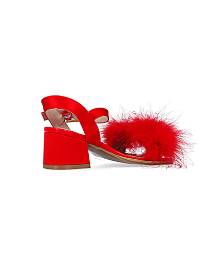 360 degree animation of product Girls Red Feather Trim Heeled Sandals frame-13