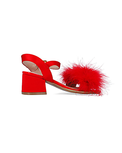 360 degree animation of product Girls Red Feather Trim Heeled Sandals frame-14