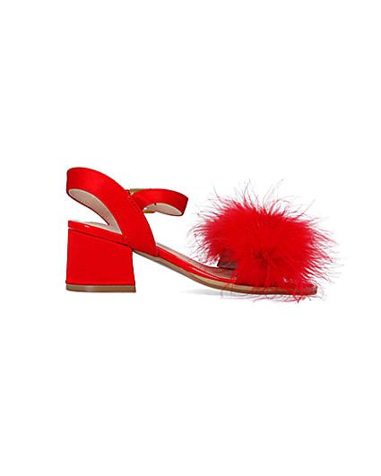 360 degree animation of product Girls Red Feather Trim Heeled Sandals frame-15