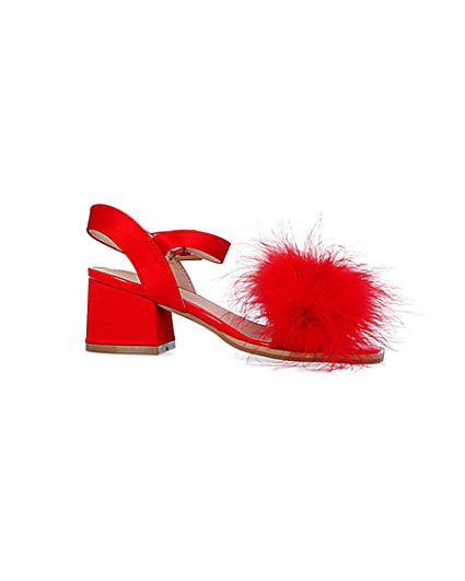 360 degree animation of product Girls Red Feather Trim Heeled Sandals frame-16