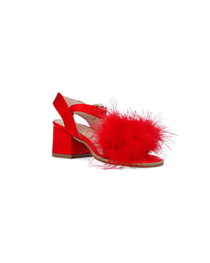 360 degree animation of product Girls Red Feather Trim Heeled Sandals frame-18