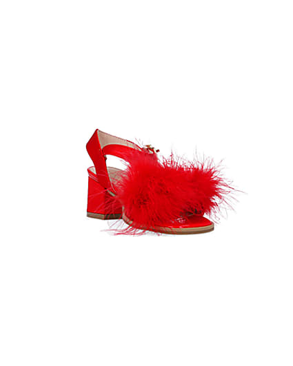 360 degree animation of product Girls Red Feather Trim Heeled Sandals frame-19