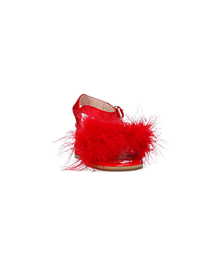 360 degree animation of product Girls Red Feather Trim Heeled Sandals frame-20